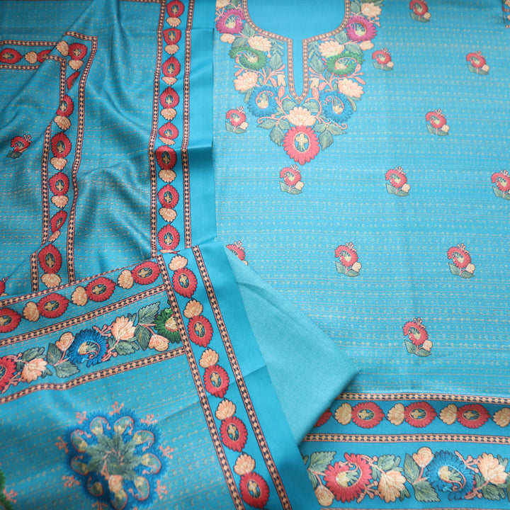 Rudraksh Aqua Blue Digital Kashmiri Printed Semi Pashmina Winter Set