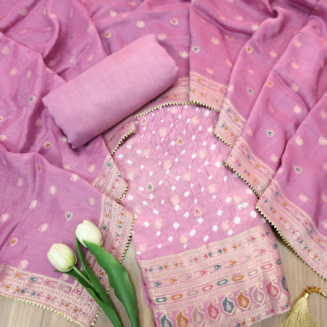 Naari Pastel Pink All Over Zari Weaved and Bandhej Work Crepe Silk Suit