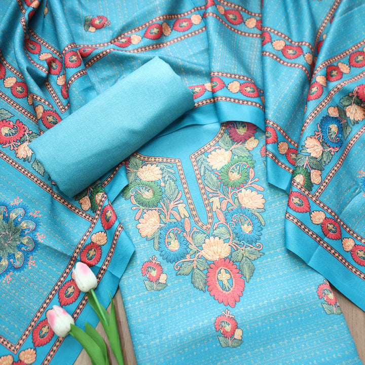 Rudraksh Aqua Blue Digital Kashmiri Printed Semi Pashmina Winter Set