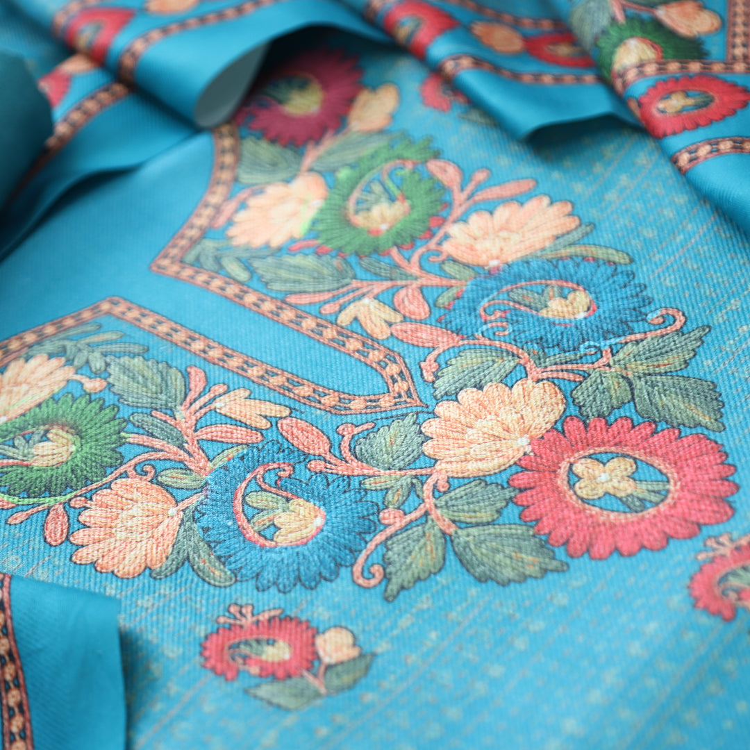 Rudraksh Aqua Blue Digital Kashmiri Printed Semi Pashmina Winter Set