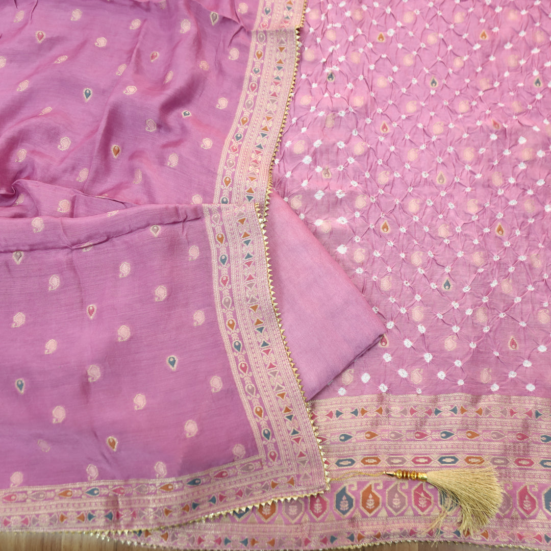 Naari Pastel Pink All Over Zari Weaved and Bandhej Work Crepe Silk Suit