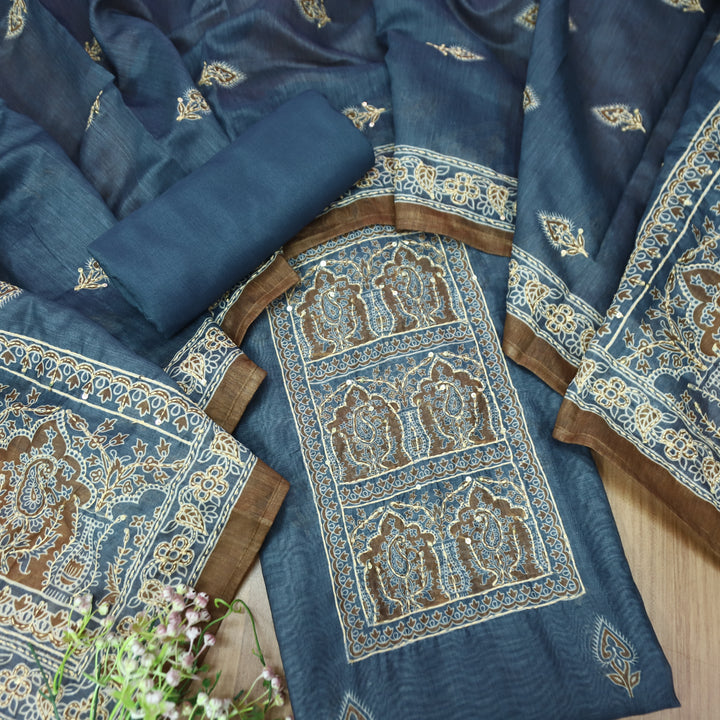 Shobha Cerulean Blue All Over Kantha Embroidery Neck Work Chanderi Suit Set