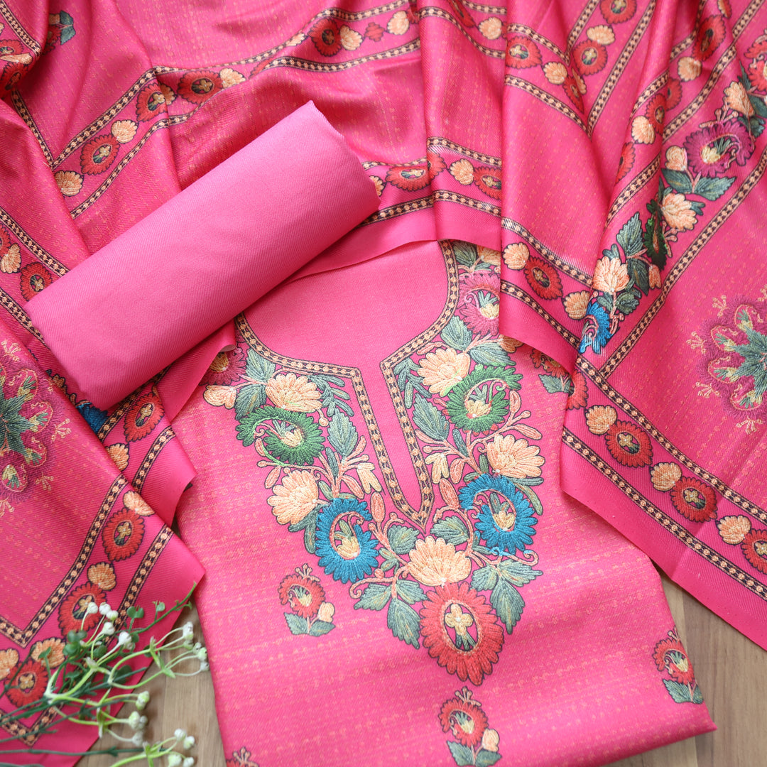 Rudraksh Fushia Pink Digital Kashmiri Printed Semi Pashmina Winter Set