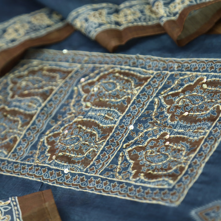 Shobha Cerulean Blue All Over Kantha Embroidery Neck Work Chanderi Suit Set