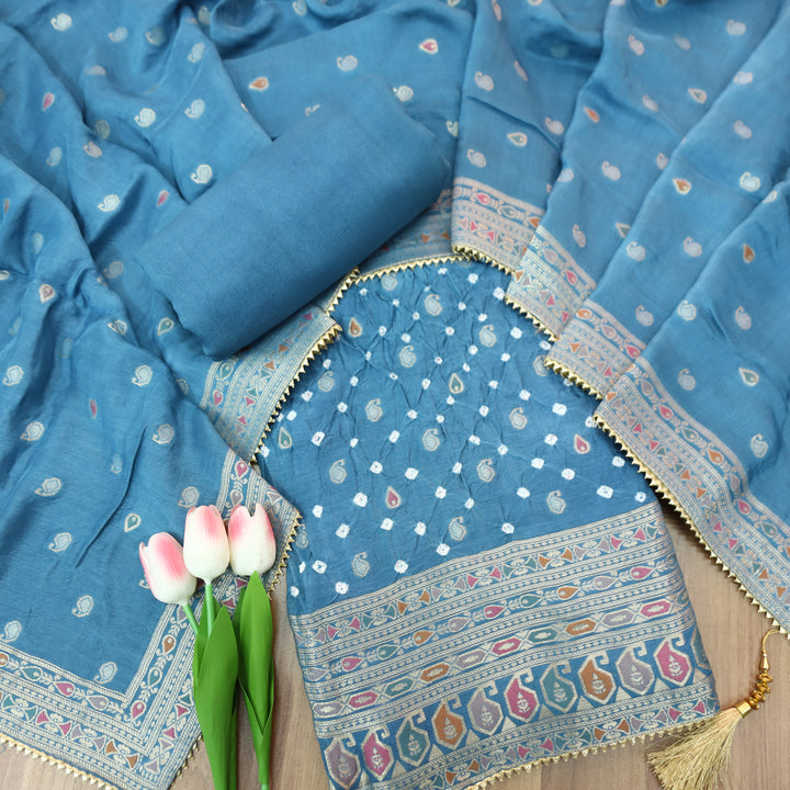 Naari Sapphire Blue All Over Zari Weaved and Bandhej Work Crepe Silk Suit