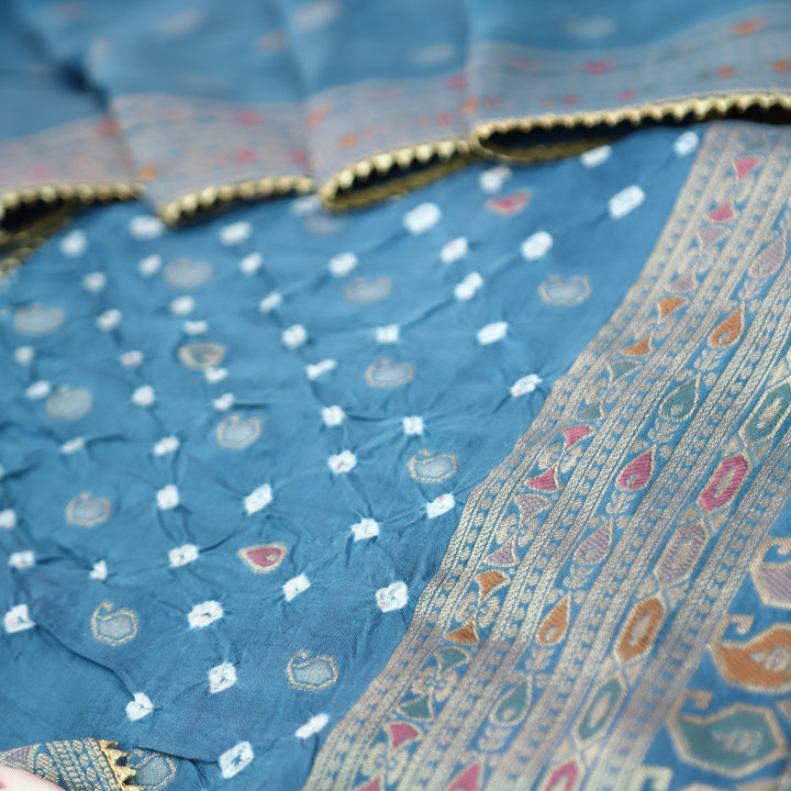 Naari Sapphire Blue All Over Zari Weaved and Bandhej Work Crepe Silk Suit