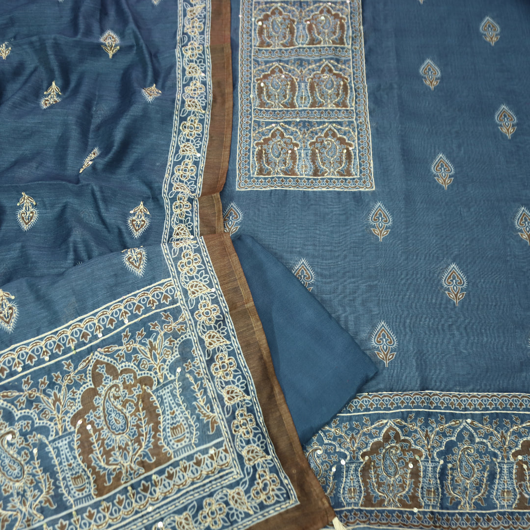 Shobha Cerulean Blue All Over Kantha Embroidery Neck Work Chanderi Suit Set