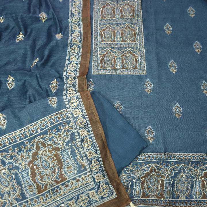 Shobha Cerulean Blue All Over Kantha Embroidery Neck Work Chanderi Suit Set