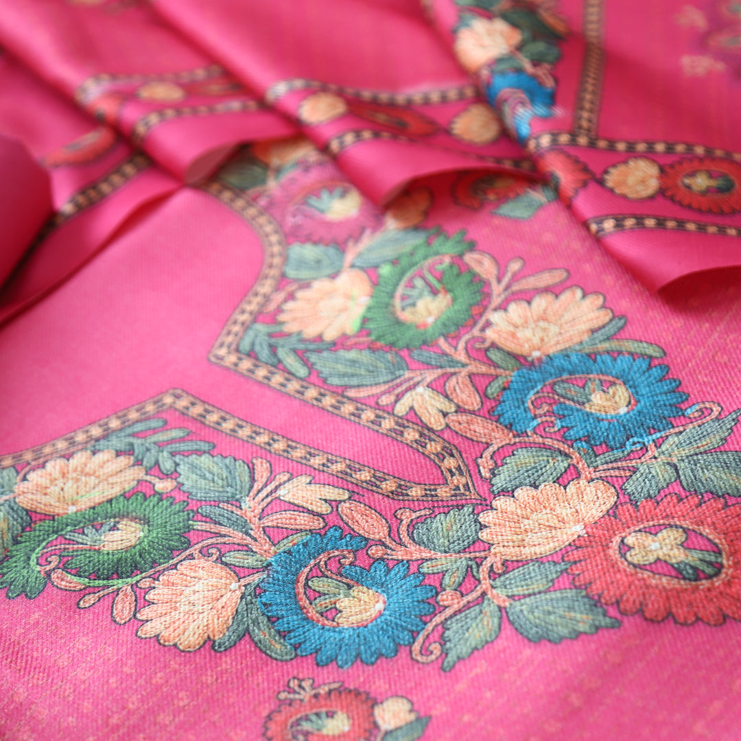 Rudraksh Fushia Pink Digital Kashmiri Printed Semi Pashmina Winter Set