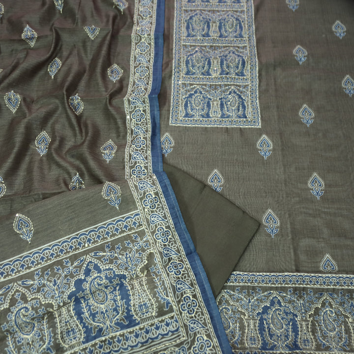 Shobha Tan Mocha Beige All Over Kantha Embroidery Neck Work Chanderi Suit Set