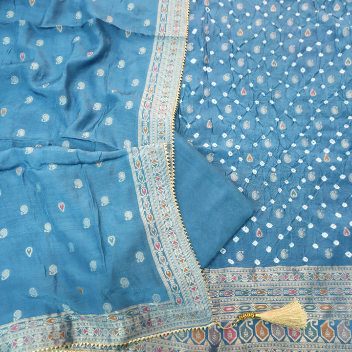 Naari Sapphire Blue All Over Zari Weaved and Bandhej Work Crepe Silk Suit