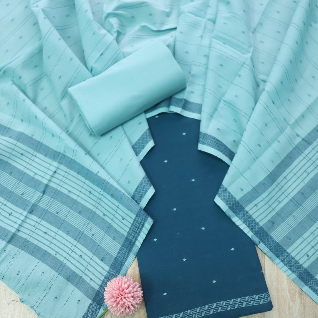 Madhubala Cerulean Teal All Over Thread Weaved Handloom Cotton Suit Set
