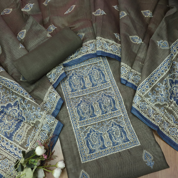 Shobha Tan Mocha Beige All Over Kantha Embroidery Neck Work Chanderi Suit Set