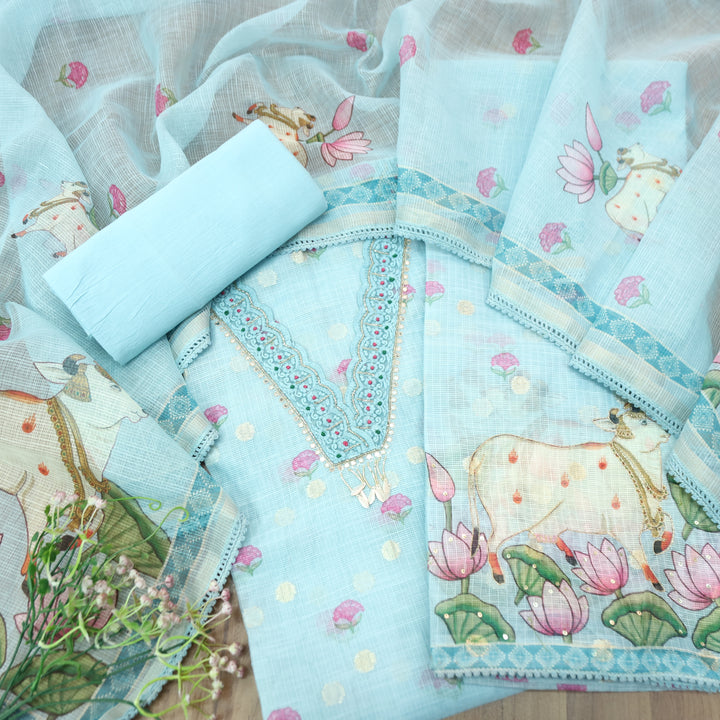 Sahiba Powder Blue V Neck with Moti and Kardana Work Pichwai Print Kota Doriya Set