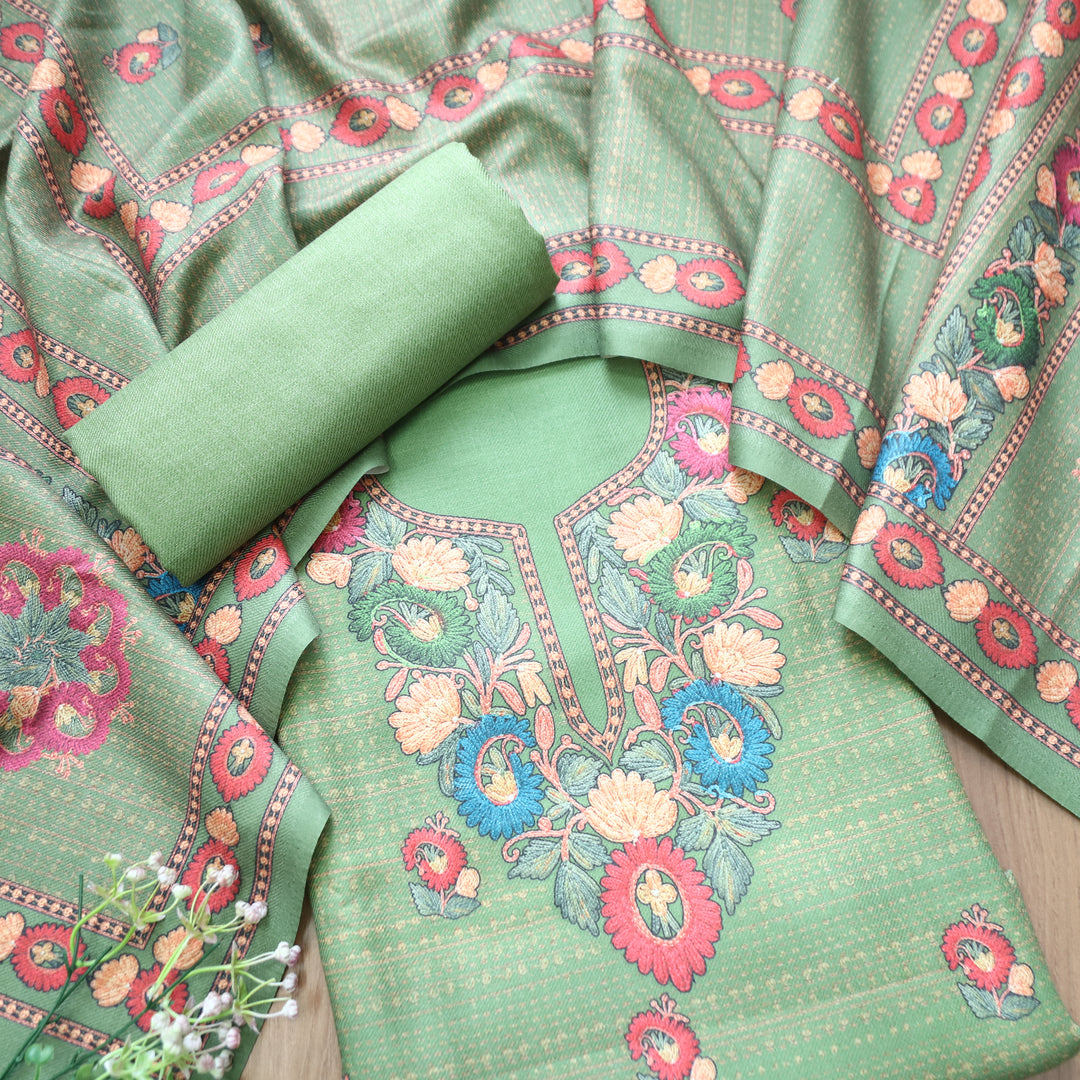 Rudraksh Leaf Green Digital Kashmiri Printed Semi Pashmina Winter Set