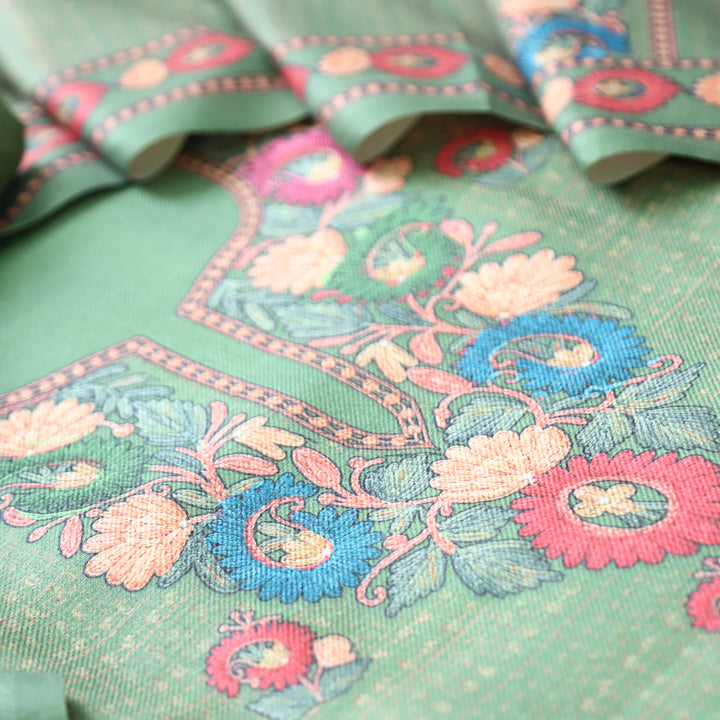 Rudraksh Leaf Green Digital Kashmiri Printed Semi Pashmina Winter Set