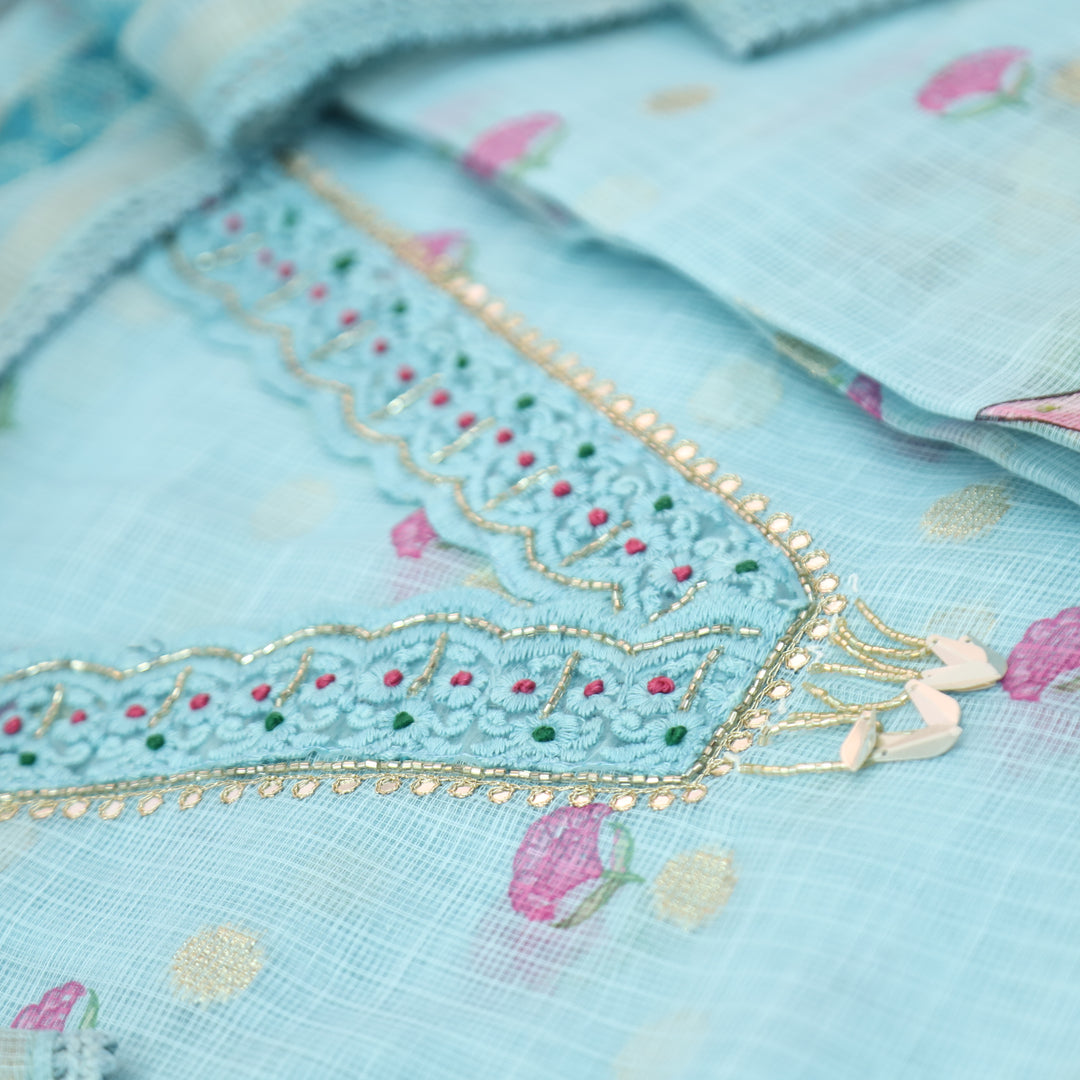 Sahiba Powder Blue V Neck with Moti and Kardana Work Pichwai Print Kota Doriya Set