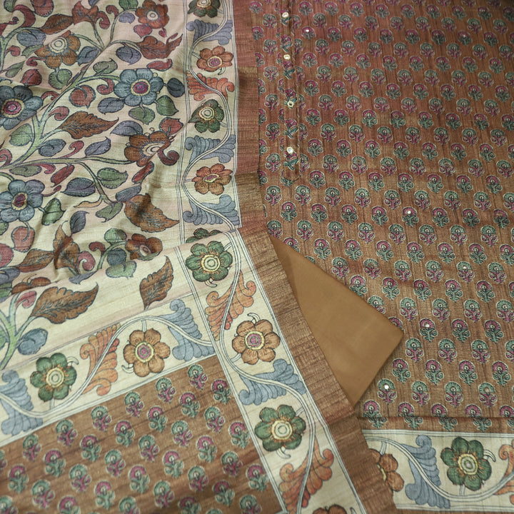 Vrinda Mocha Brown Kalamkari Digital Printed with Patra Work Tussar Silk Chanderi Set