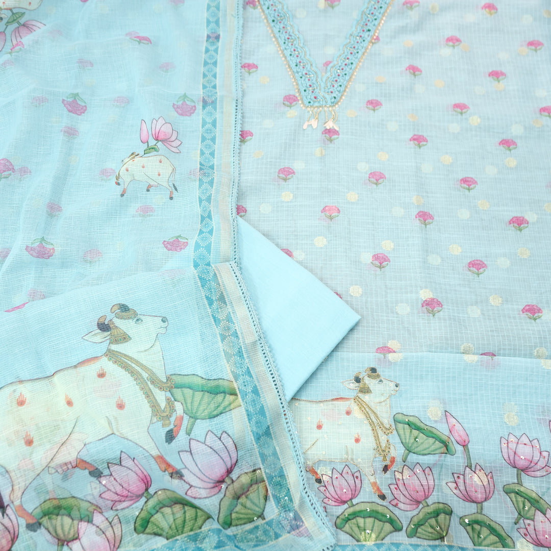 Sahiba Powder Blue V Neck with Moti and Kardana Work Pichwai Print Kota Doriya Set