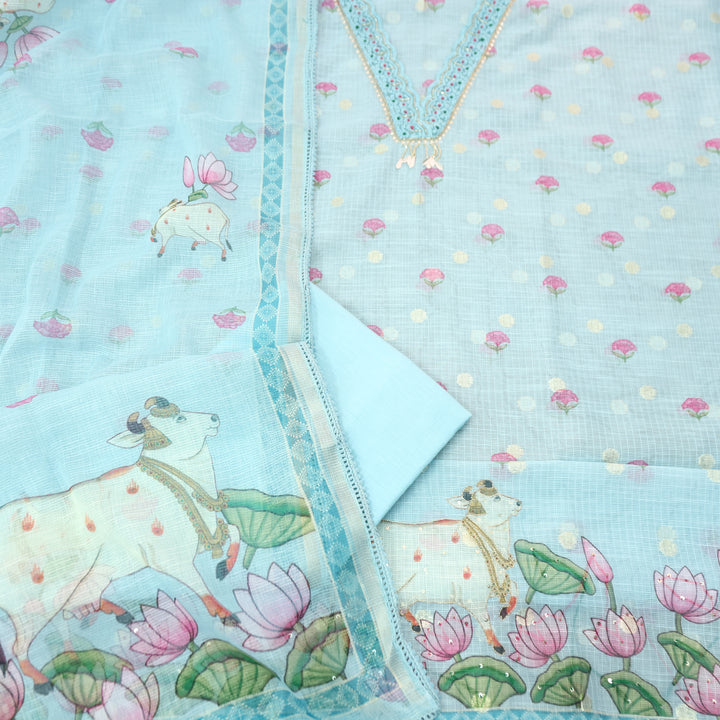 Sahiba Powder Blue V Neck with Moti and Kardana Work Pichwai Print Kota Doriya Set