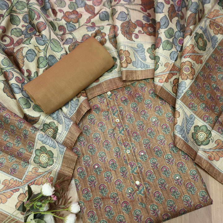 Vrinda Mocha Brown Kalamkari Digital Printed with Patra Work Tussar Silk Chanderi Set