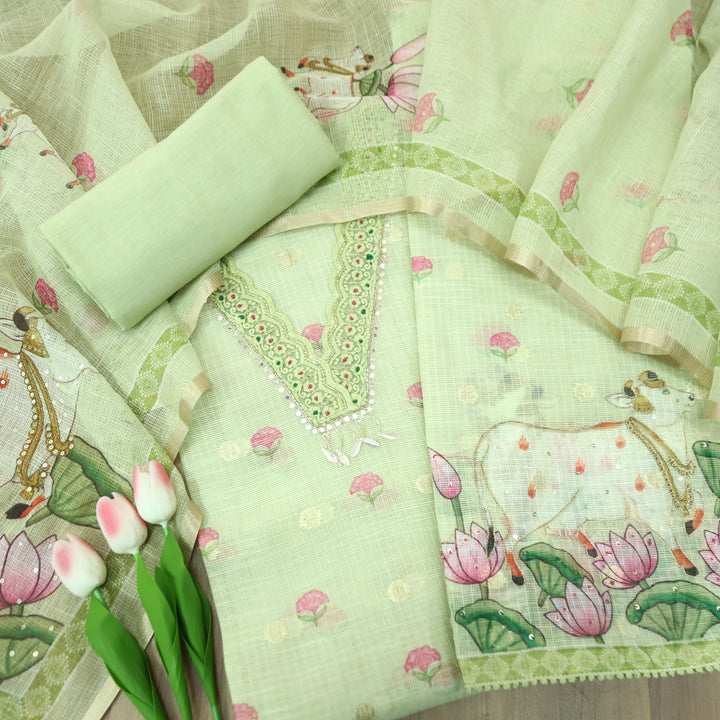 Sahiba Mint Green V Neck with Moti and Kardana Work Pichwai Print Kota Doriya Set