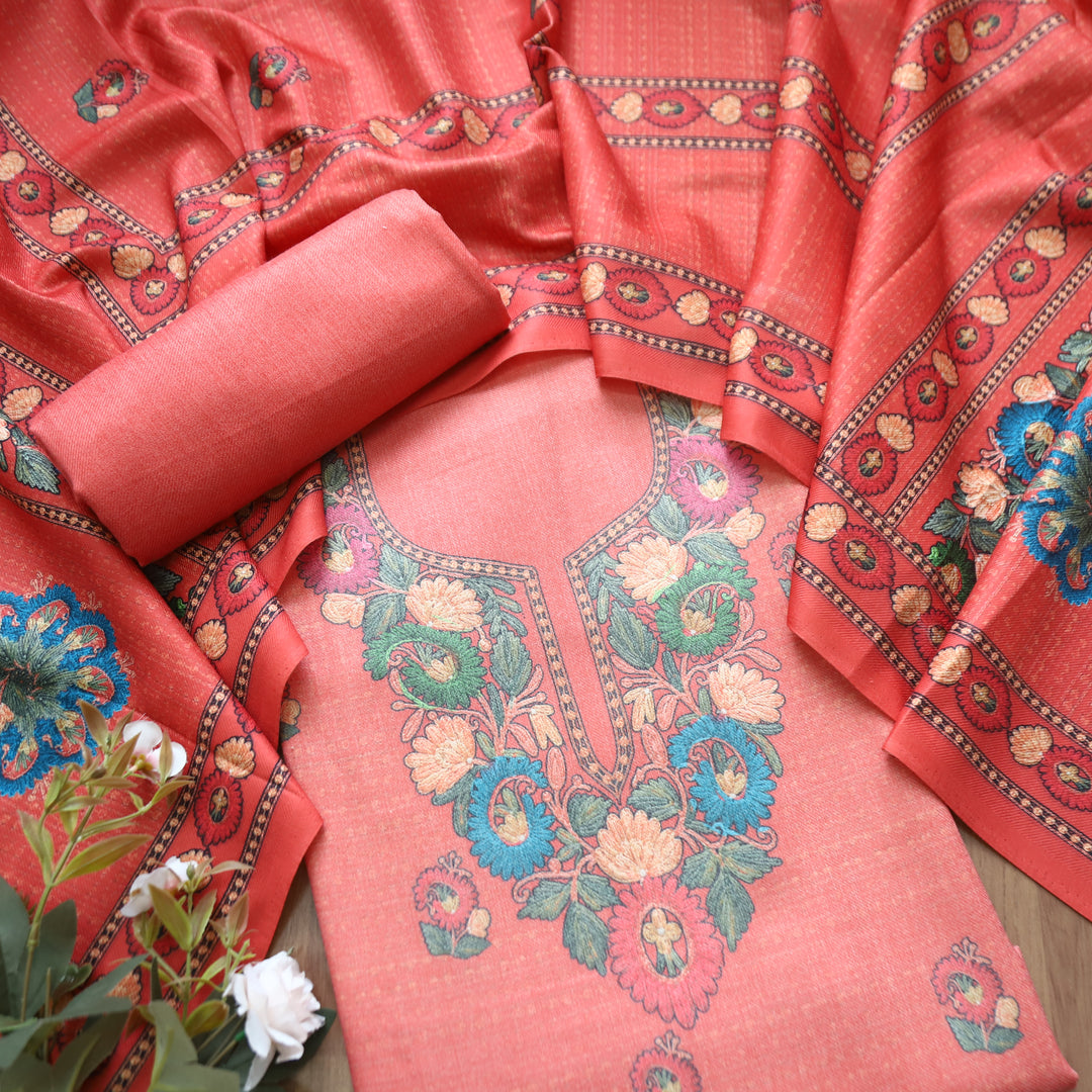 Rudraksh Coral Blush Digital Kashmiri Printed Semi Pashmina Winter Set