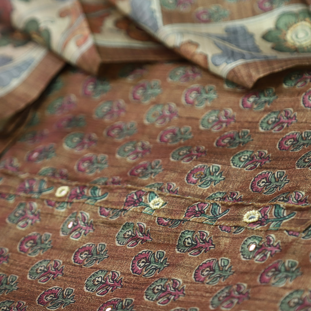 Vrinda Mocha Brown Kalamkari Digital Printed with Patra Work Tussar Silk Chanderi Set