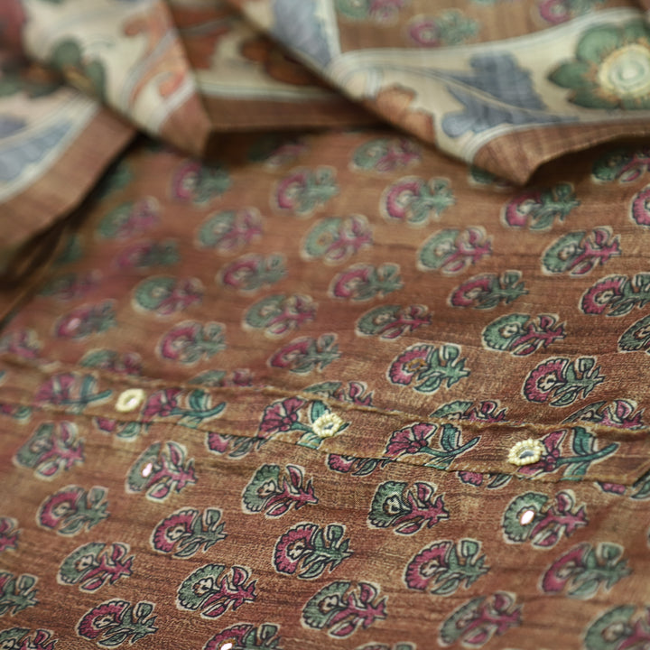 Vrinda Mocha Brown Kalamkari Digital Printed with Patra Work Tussar Silk Chanderi Set