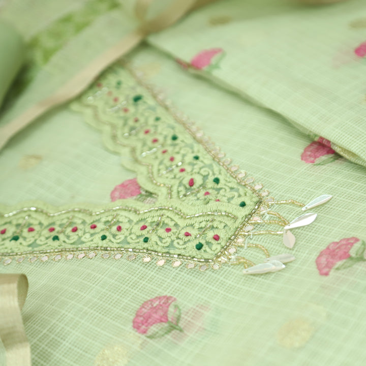 Sahiba Mint Green V Neck with Moti and Kardana Work Pichwai Print Kota Doriya Set