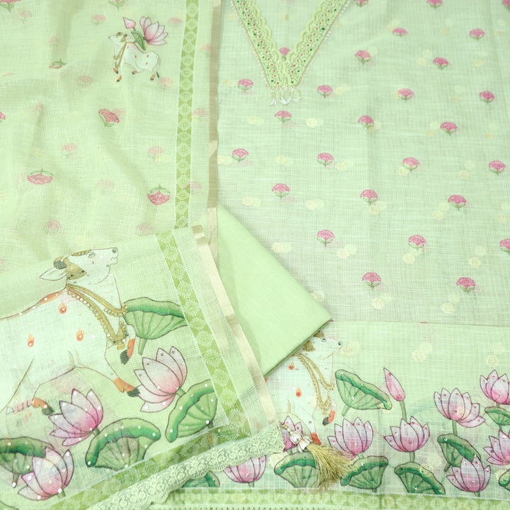 Sahiba Mint Green V Neck with Moti and Kardana Work Pichwai Print Kota Doriya Set