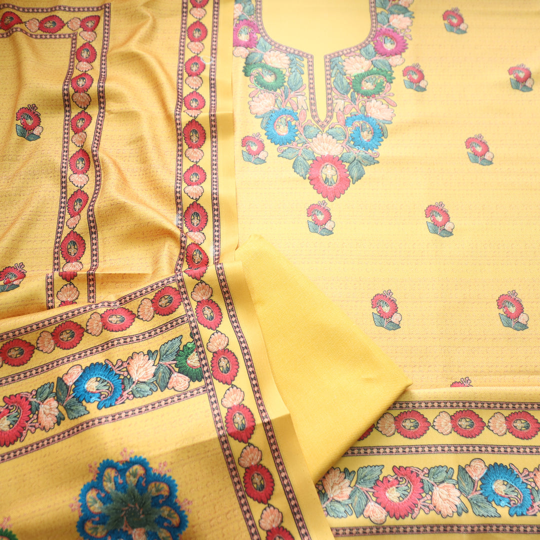 Rudraksh Canary Yellow Digital Kashmiri Printed Semi Pashmina Winter Set