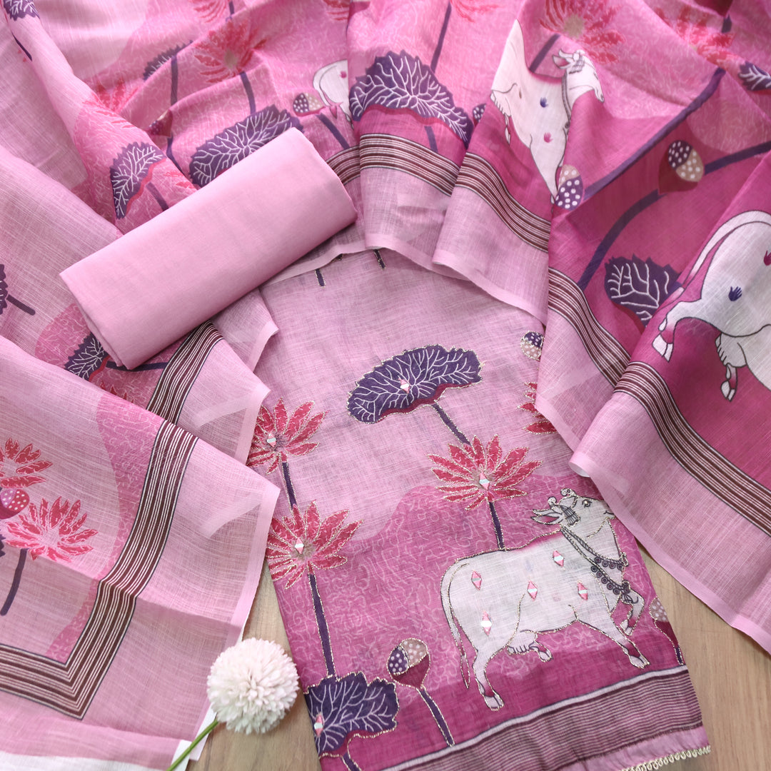 Kranti Mulberry Mauve Pichwai Print Mirror with Zari Work Cotton Linen Suit Set