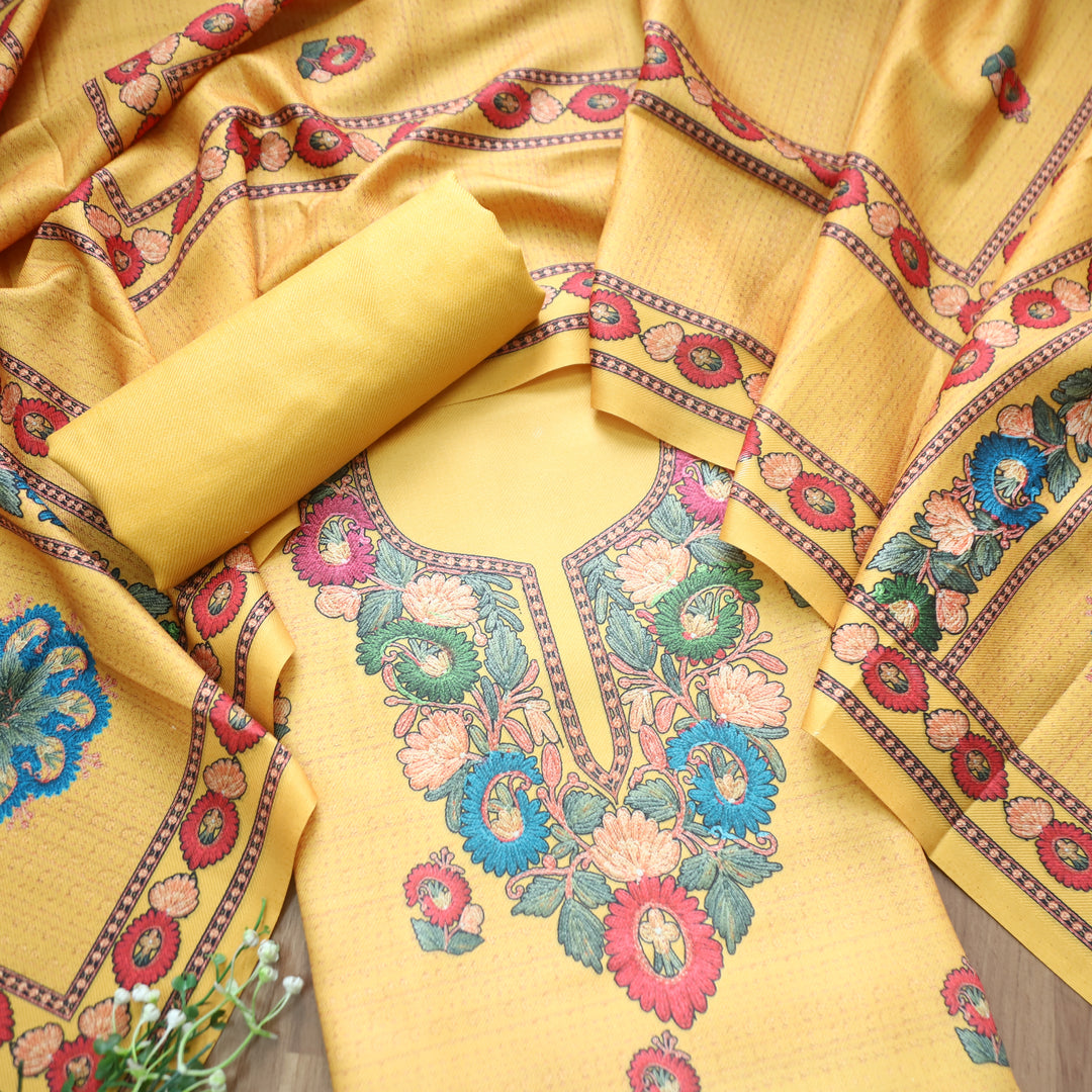 Rudraksh Canary Yellow Digital Kashmiri Printed Semi Pashmina Winter Set