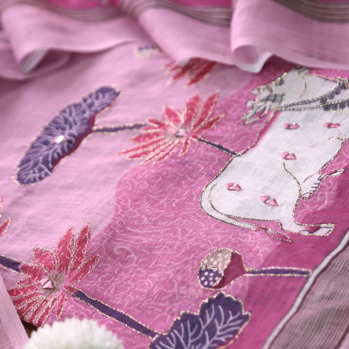 Kranti Mulberry Mauve Pichwai Print Mirror with Zari Work Cotton Linen Suit Set