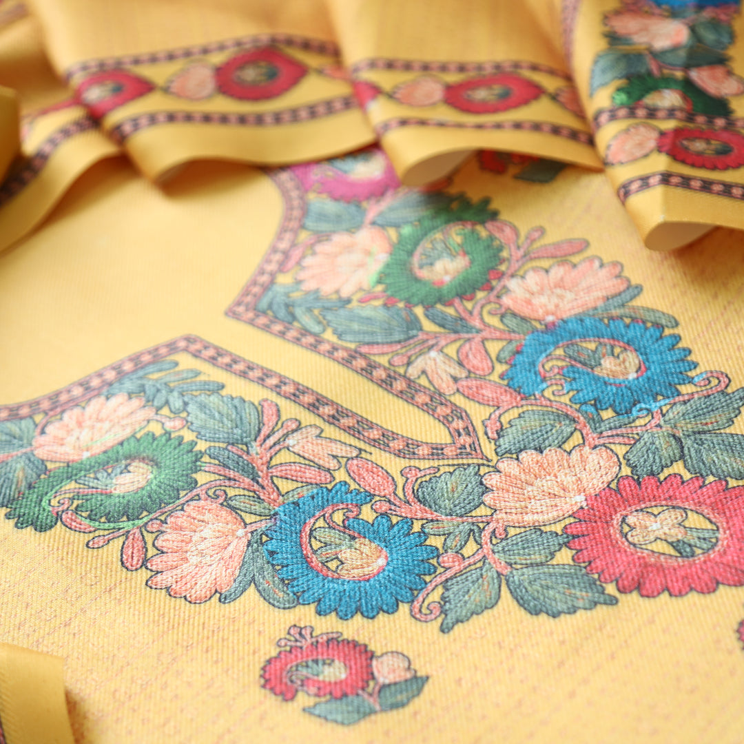 Rudraksh Canary Yellow Digital Kashmiri Printed Semi Pashmina Winter Set