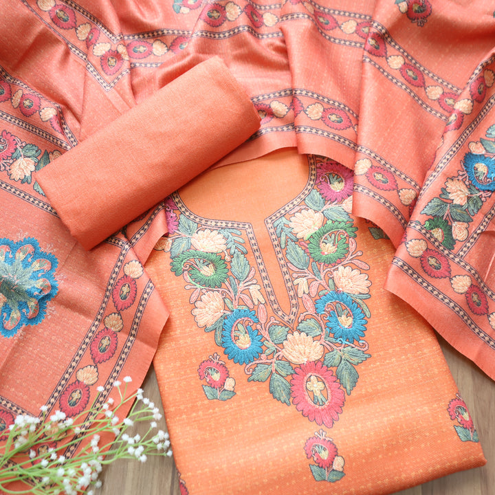 Rudraksh Tang Orange Digital Kashmiri Printed Semi Pashmina Winter Set