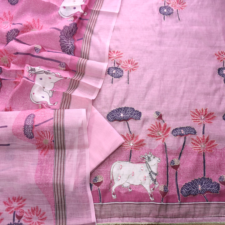 Kranti Mulberry Mauve Pichwai Print Mirror with Zari Work Cotton Linen Suit Set