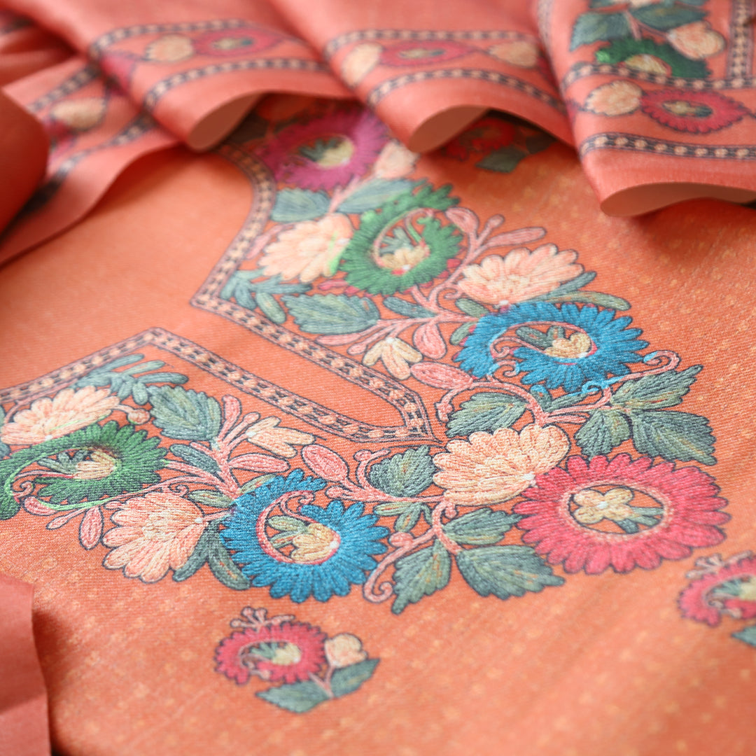 Rudraksh Tang Orange Digital Kashmiri Printed Semi Pashmina Winter Set