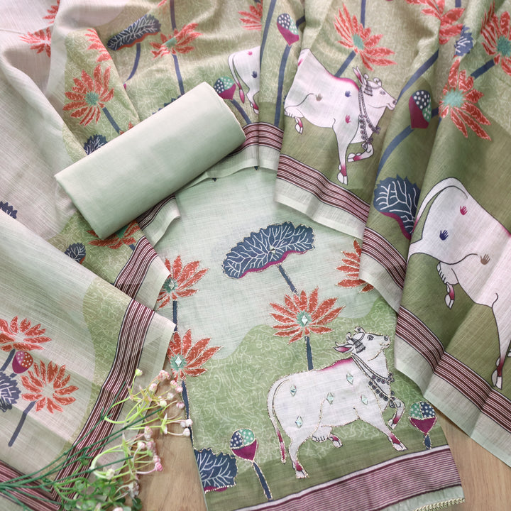 Kranti Mint Green Pichwai Print Mirror with Zari Work Cotton Linen Suit Set