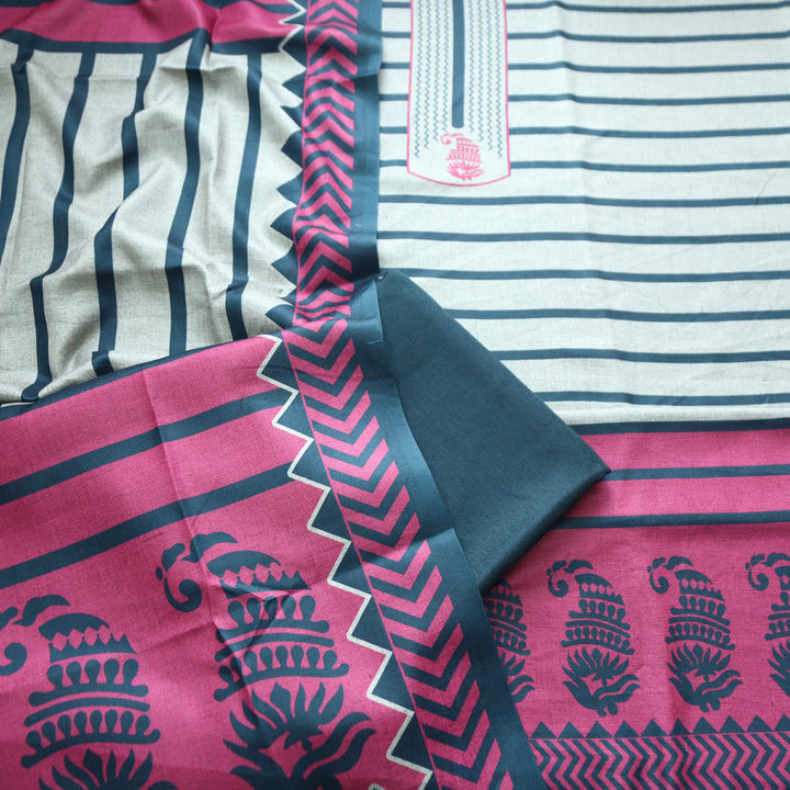 Rashi Hazel Grey with Teal  Stripe Digital Print Semi Pashmina WInter Set