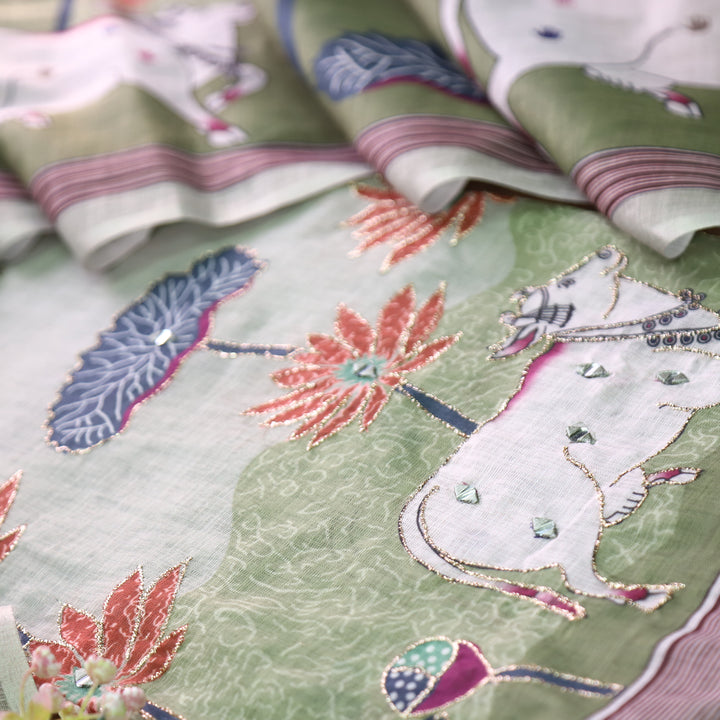 Kranti Mint Green Pichwai Print Mirror with Zari Work Cotton Linen Suit Set