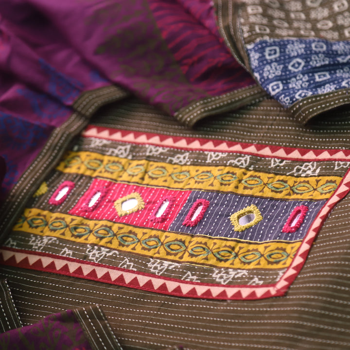 Maahi Olive Green Mirror Work Patch Neck in Running Cotton Suit Set