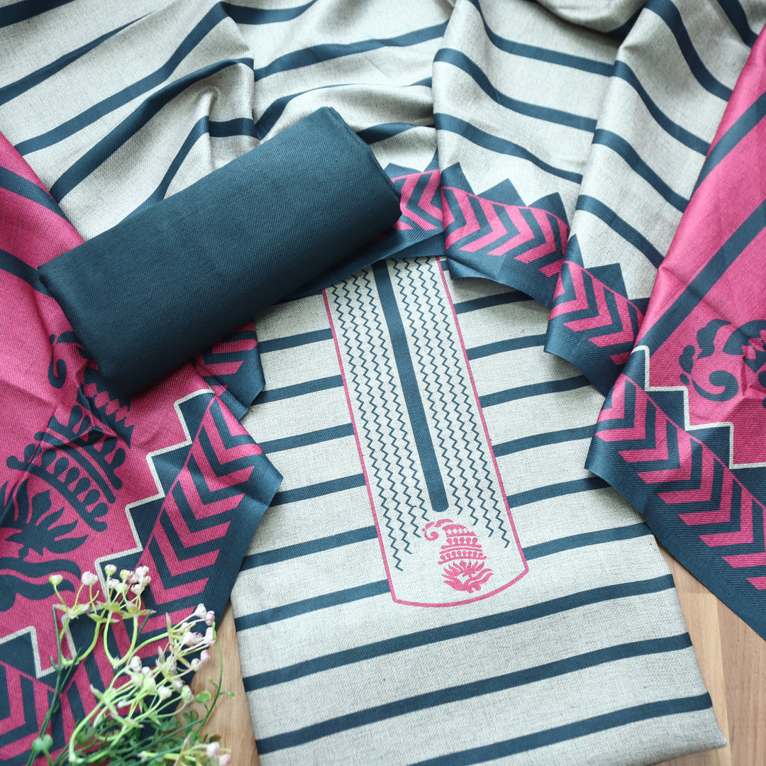 Rashi Hazel Grey with Teal  Stripe Digital Print Semi Pashmina WInter Set