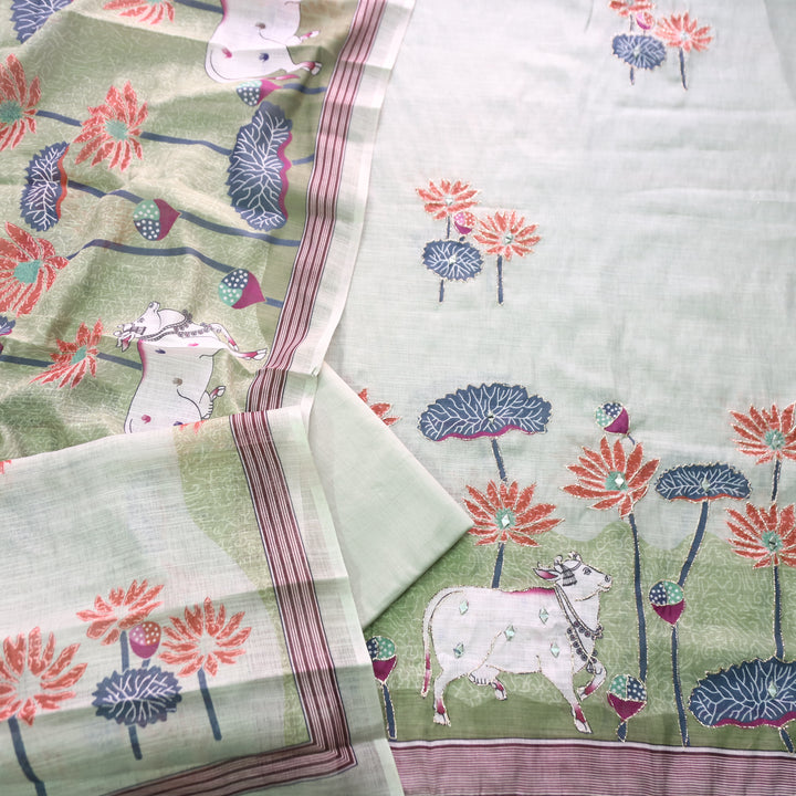 Kranti Mint Green Pichwai Print Mirror with Zari Work Cotton Linen Suit Set