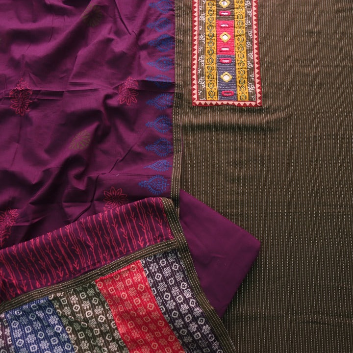 Maahi Olive Green Mirror Work Patch Neck in Running Cotton Suit Set