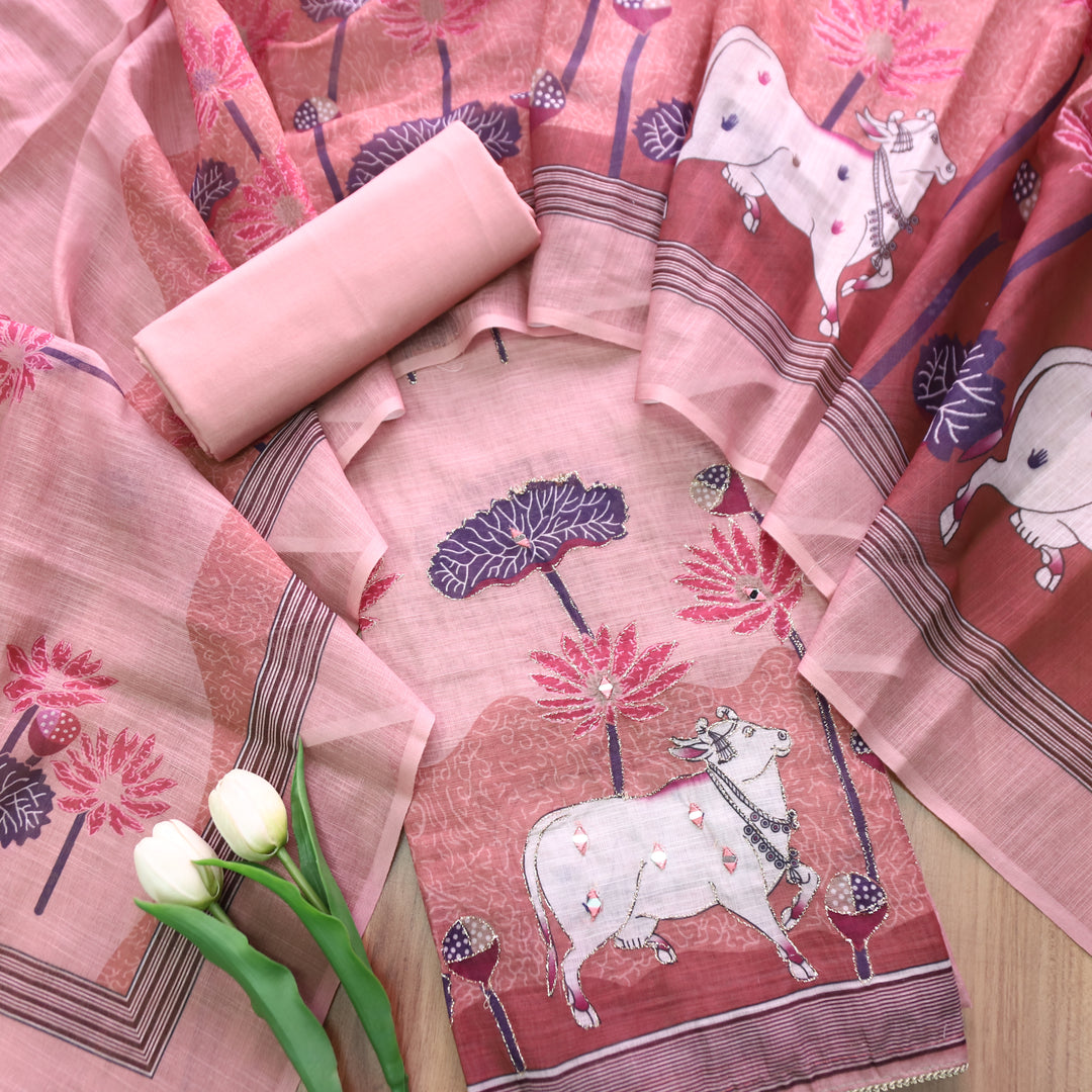 Kranti Coral Blush Pichwai Print Mirror with Zari Work Cotton Linen Suit Set