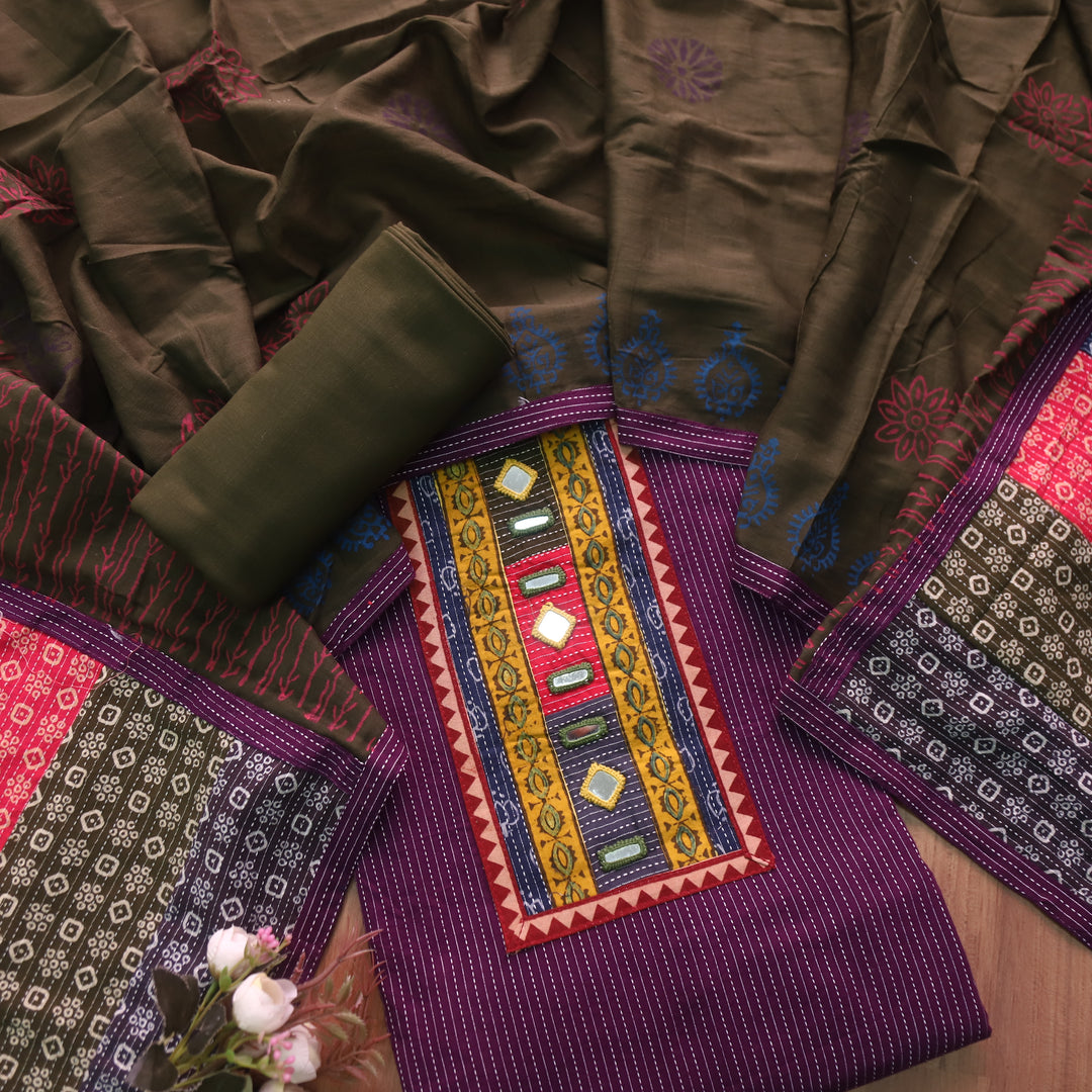 Maahi Blueberry Purple Mirror Work Patch Neck in Running Cotton Suit Set