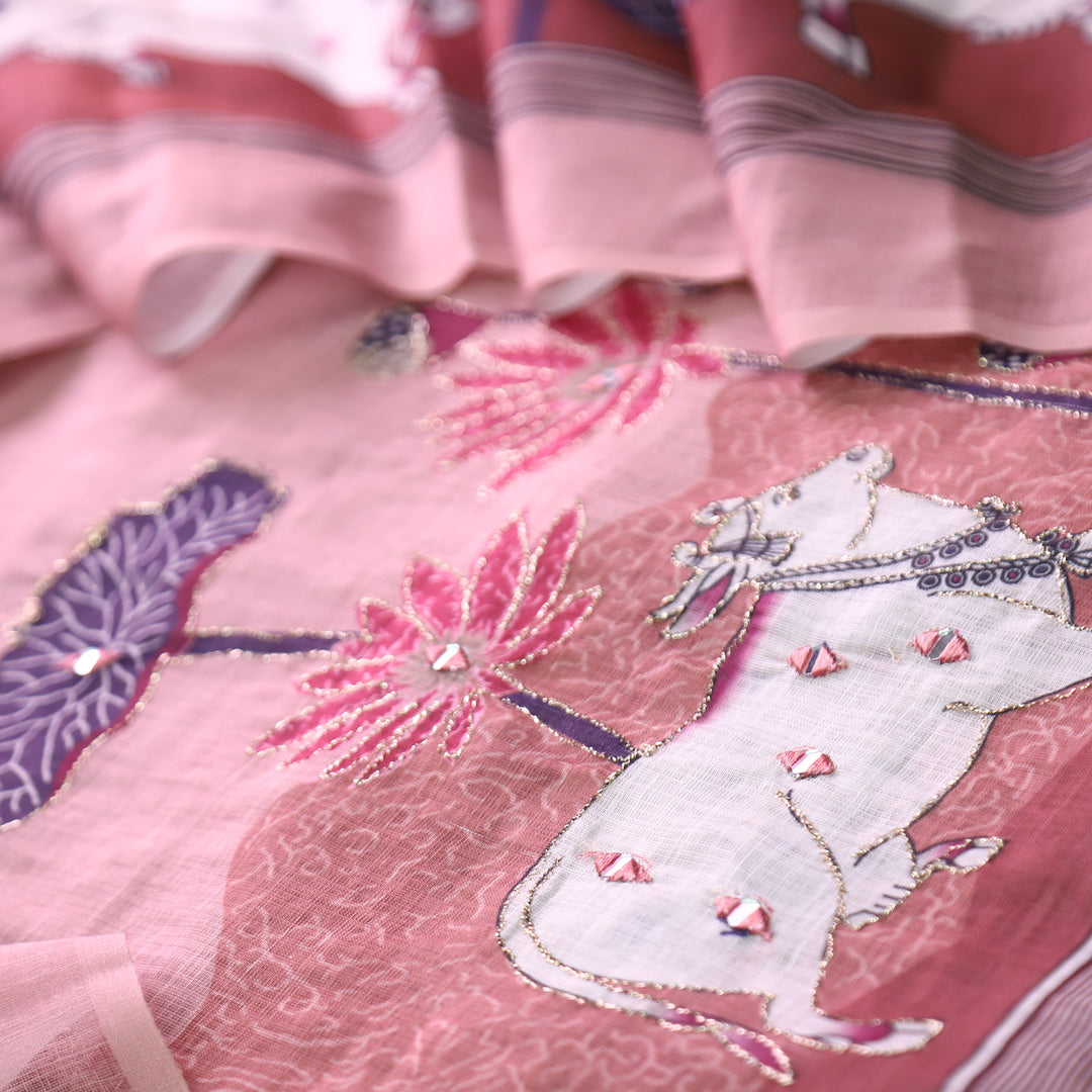 Kranti Coral Blush Pichwai Print Mirror with Zari Work Cotton Linen Suit Set