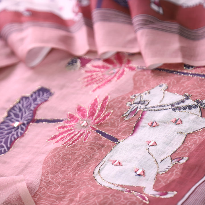Kranti Coral Blush Pichwai Print Mirror with Zari Work Cotton Linen Suit Set